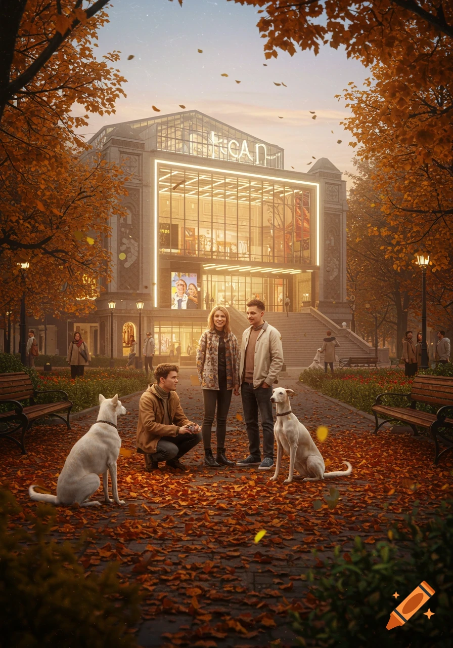 Three friends and two white dogs gather on a leaf-strewn path in an autumn park with a modern, lit-up building in the background.