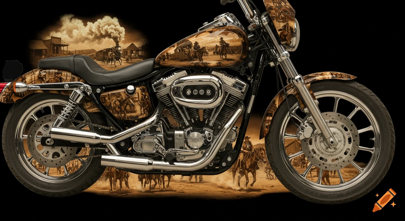 A black motorcycle adorned with sepia-toned Western-themed art on its tank and fenders, depicting cowboys, horses, and a steam train.