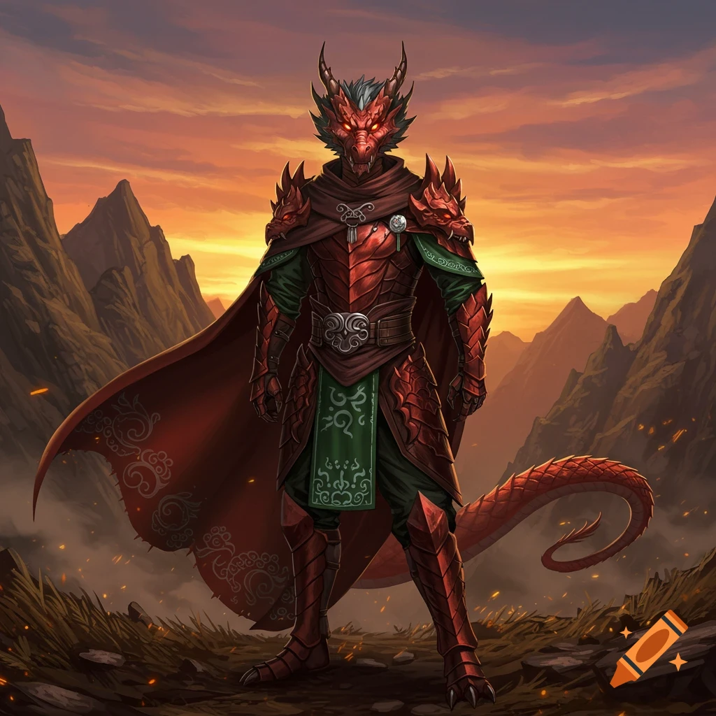 A formidable red dragon-like warrior in ornate red armor stands in a mountainous landscape at sunset.