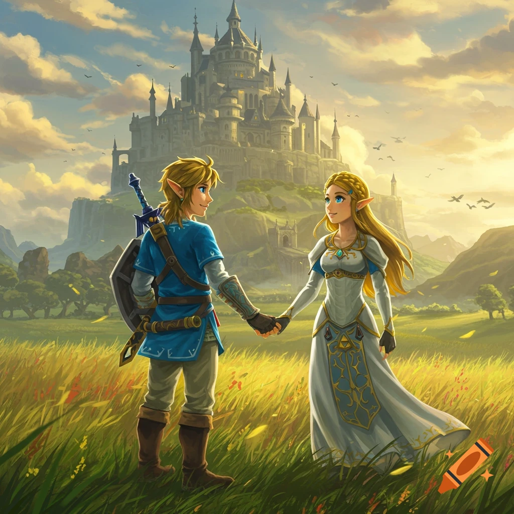 Link and Zelda hold hands in a sunlit field before Hyrule Castle in a detailed fantasy illustration.