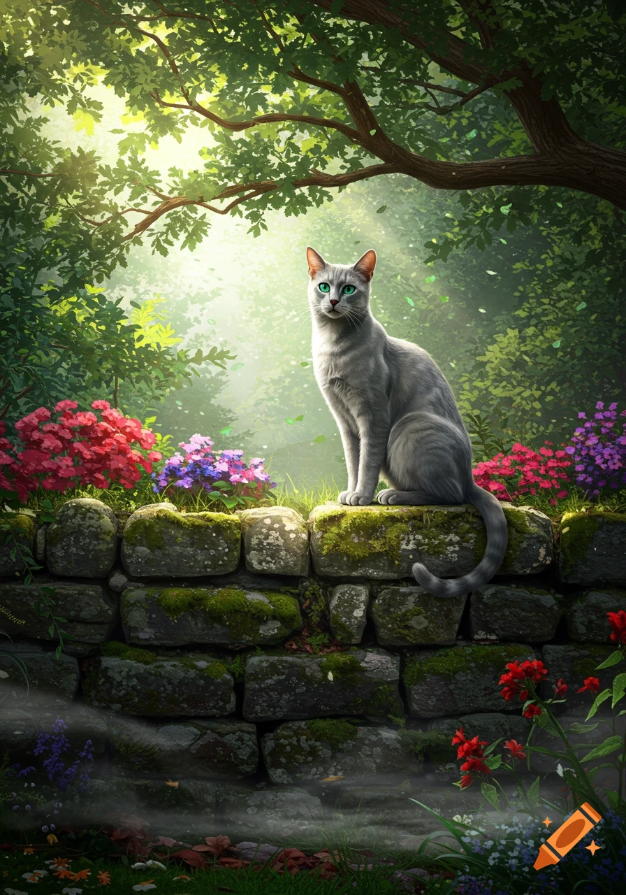 A sleek gray cat with emerald eyes sits on a mossy stone wall amidst colorful flowers and sun-dappled green trees, digital painting.