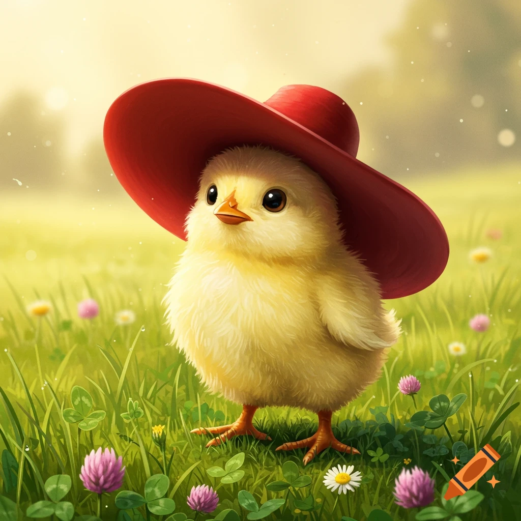 A fluffy yellow chick wearing a red hat stands in a vibrant green grassy field with small pink and white flowers.