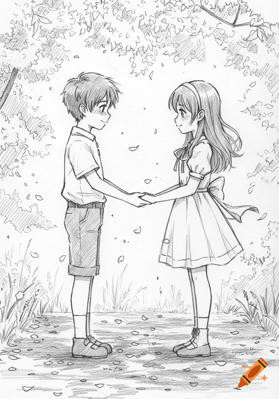 Anime-style pencil drawing of a cute boy and girl holding hands, blushing,  under leafy trees with falling petals. on Craiyon, image size:896x1280