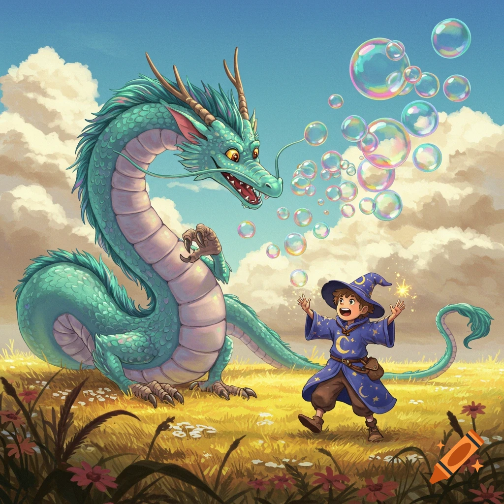 A teal Ghibli-style dragon blows colorful bubbles at a smiling child wizard casting a spell in a sunny field.