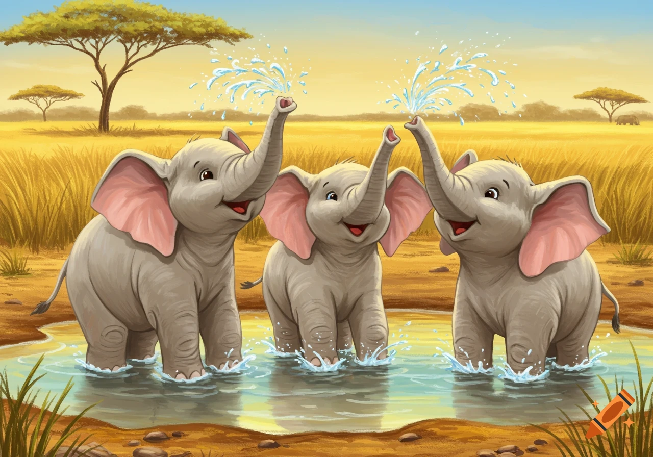 Three happy cartoon baby elephants splashing water with their trunks in a shallow puddle in a savanna landscape.