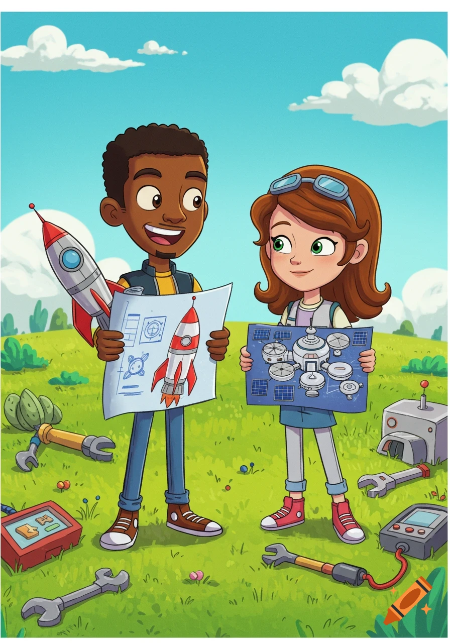 Cartoon boy and girl in a field holding rocket and space station blueprints, surrounded by tools.