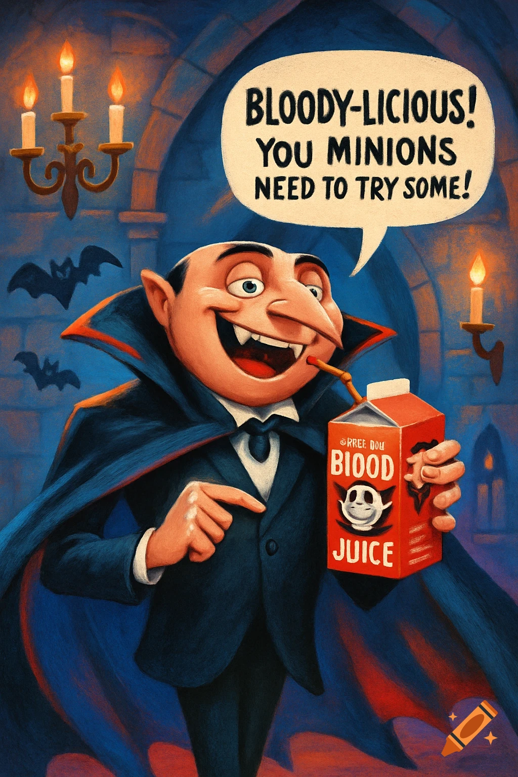 A cartoon vampire, resembling Gru, in a cape sips "Blood Juice" from a carton in a castle, with a speech bubble saying "Bloody-licious!"