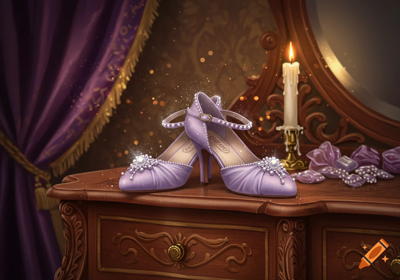 Sparkly purple princess high heels with pearl embellishments on an ornate wooden dresser beside a lit candle and curtain.