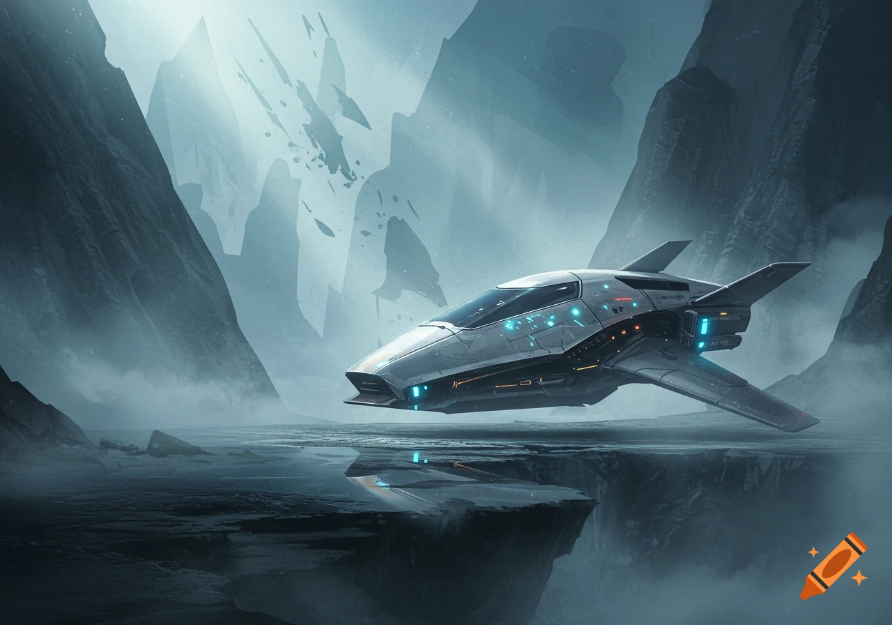 A futuristic spaceship hovers over a dark, rocky chasm in a misty, mountainous alien landscape with abstract floating debris.