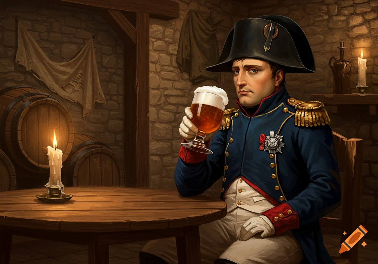 Napoleon in a blue uniform with gold epaulets drinks a glass of foamy beer in a dimly lit, rustic tavern.