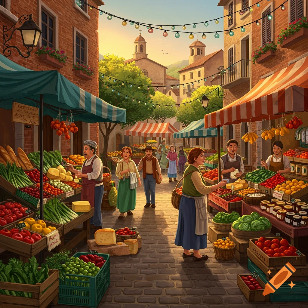 Lively illustrated outdoor market in a sunny small town, with vendors selling fresh produce and goods from striped stalls.