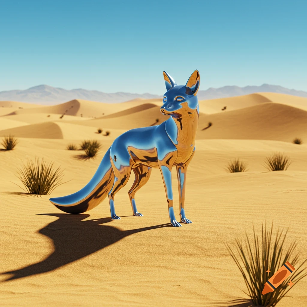 A gleaming, silver-blue metallic fox stands in a sunny desert landscape with rolling sand dunes.