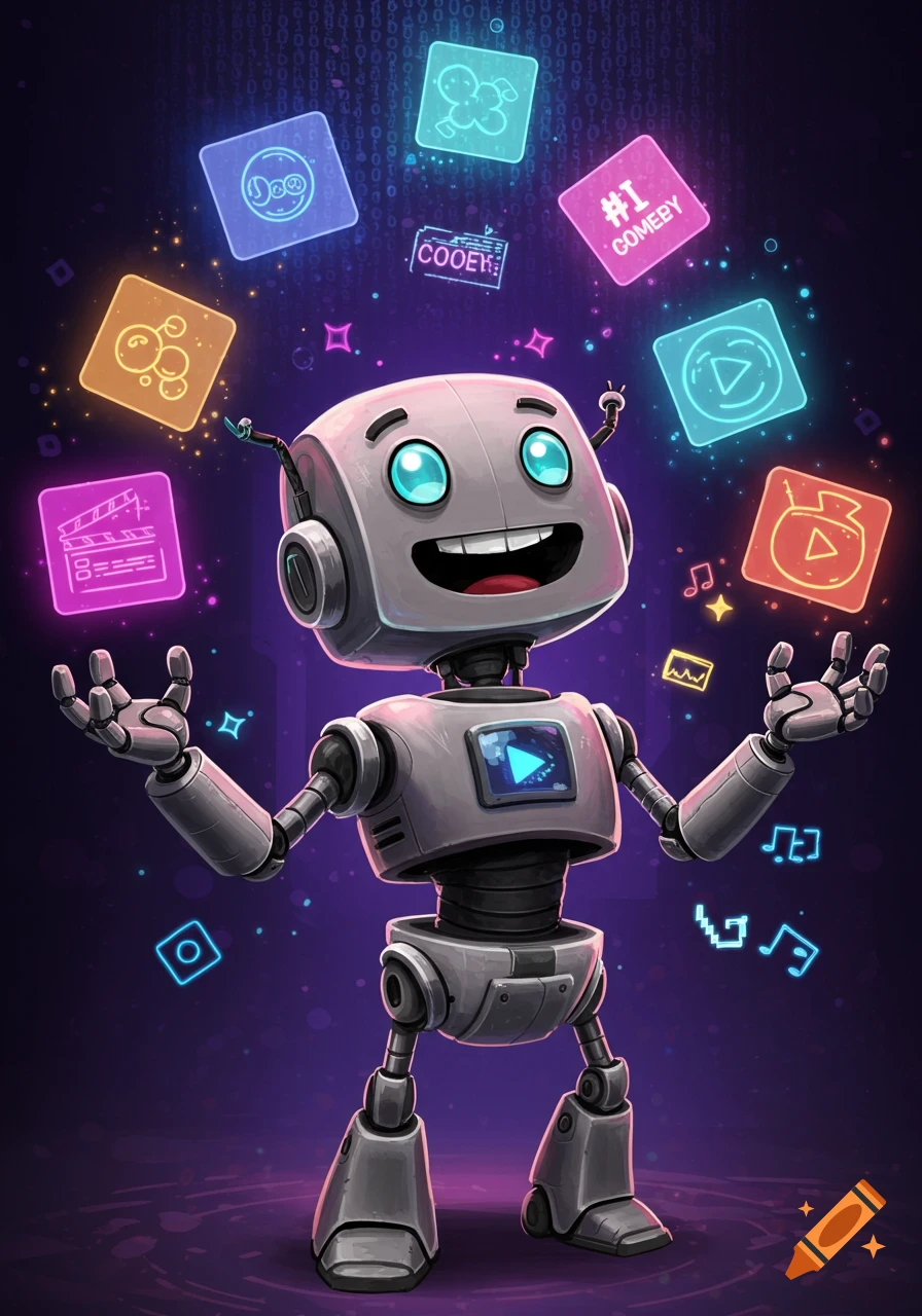 A cheerful gray robot with big blue eyes juggles colorful glowing app icons, with a binary code background.