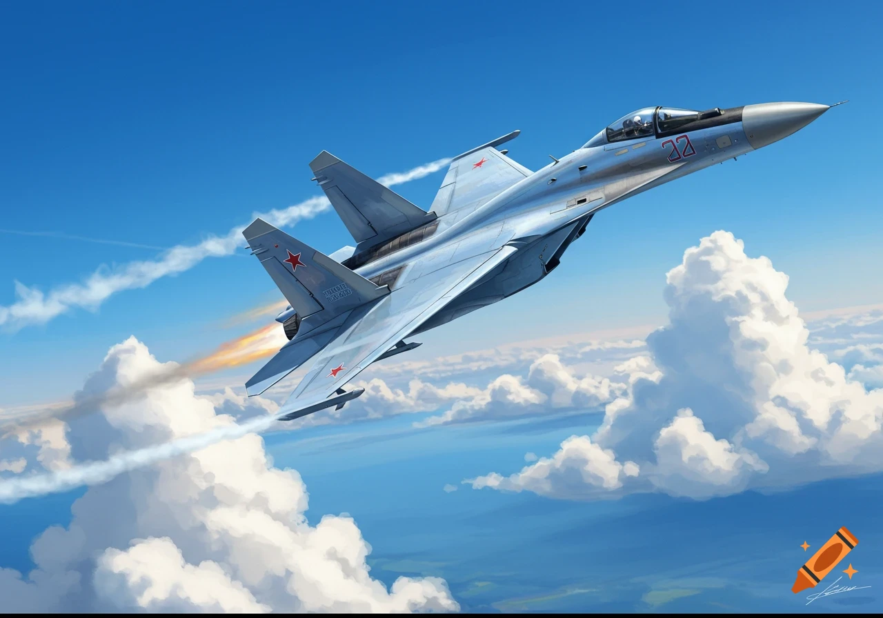 A realistic illustration of a silver Russian Su-35 fighter jet with red markings flying through a blue sky above white clouds.