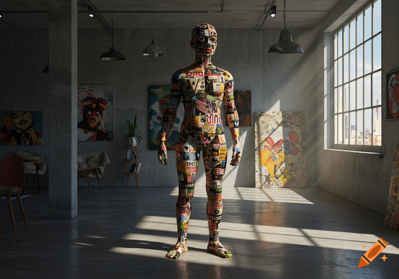 A full-body mannequin made of colorful magazine cutouts stands in a well-lit art gallery with other artworks and large windows.