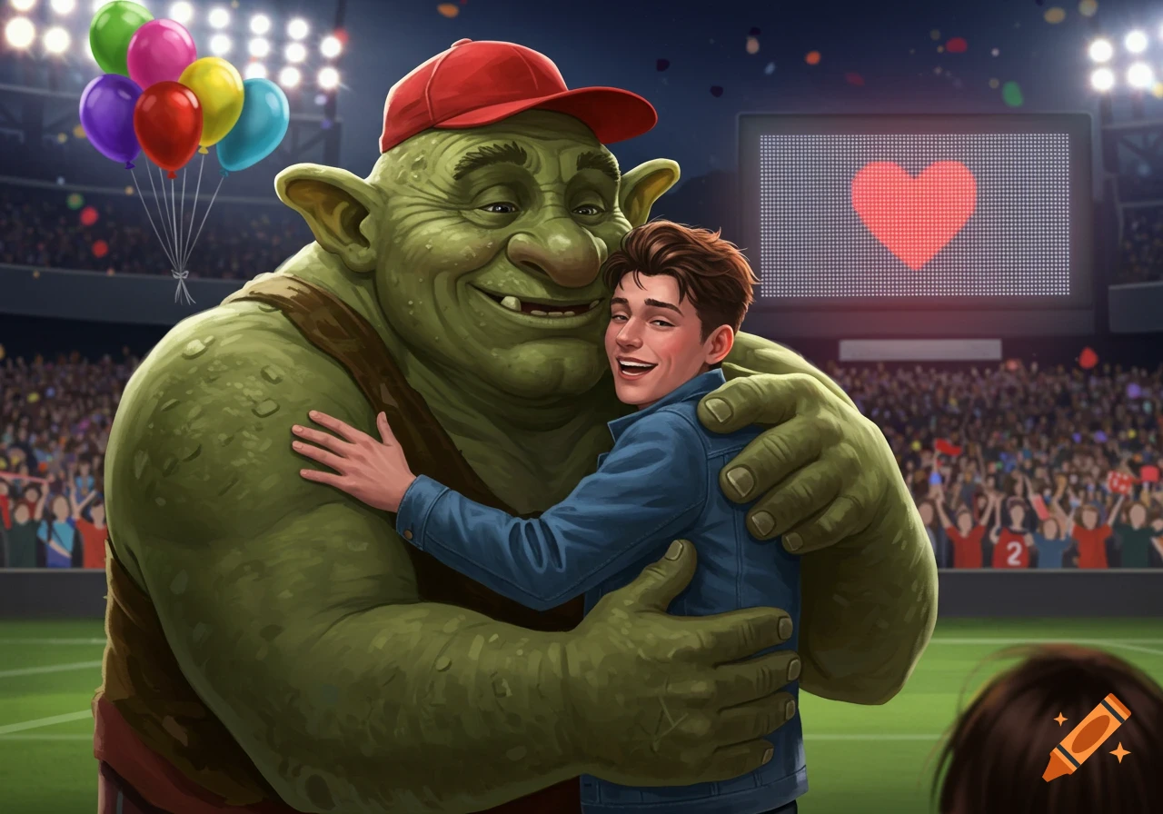 A smiling green troll in a red cap hugs a young man in a blue jacket in a stadium with a heart on a Jumbotron, colorful balloons visible.