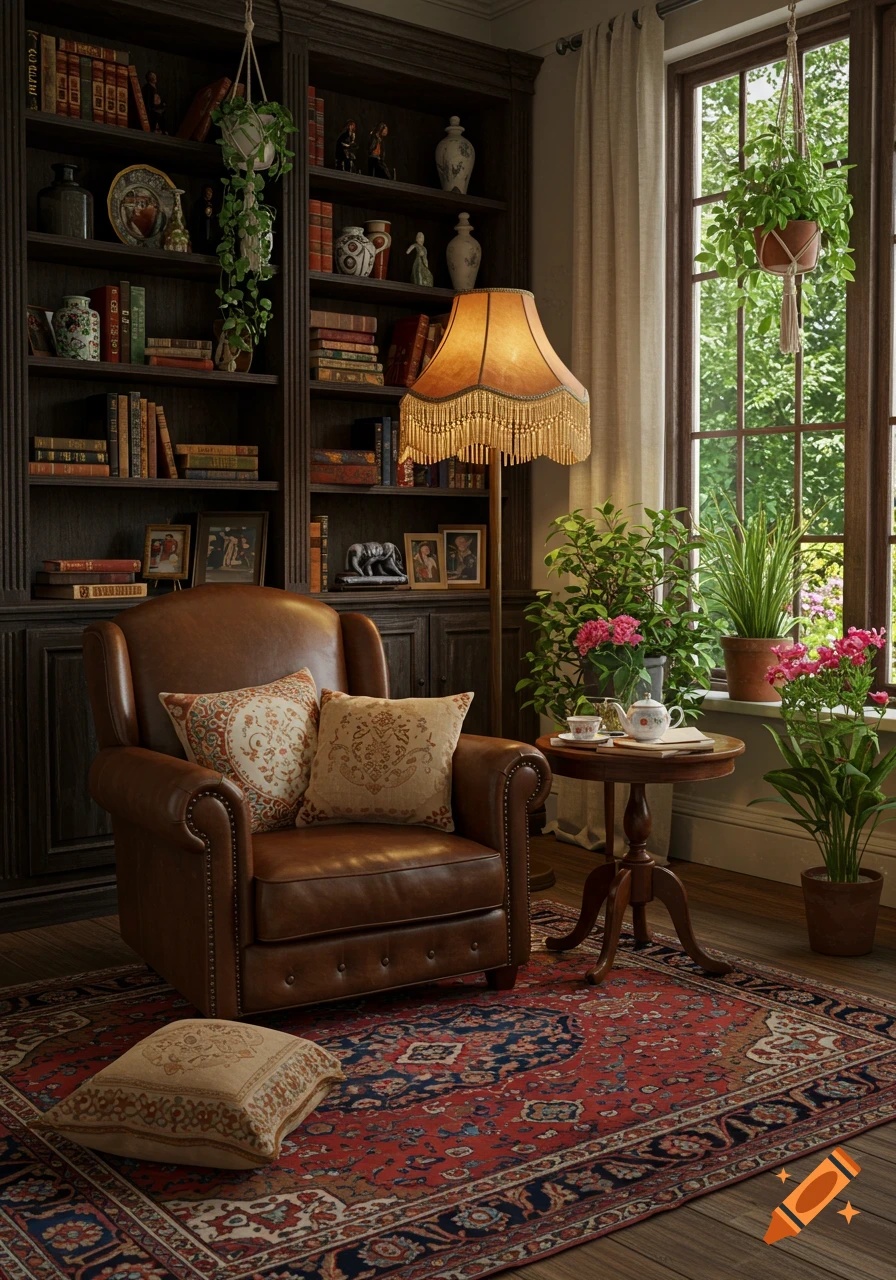 A cozy reading corner featuring a brown leather armchair, dark bookshelf, fringed lamp, Persian rug, and plants by a window.