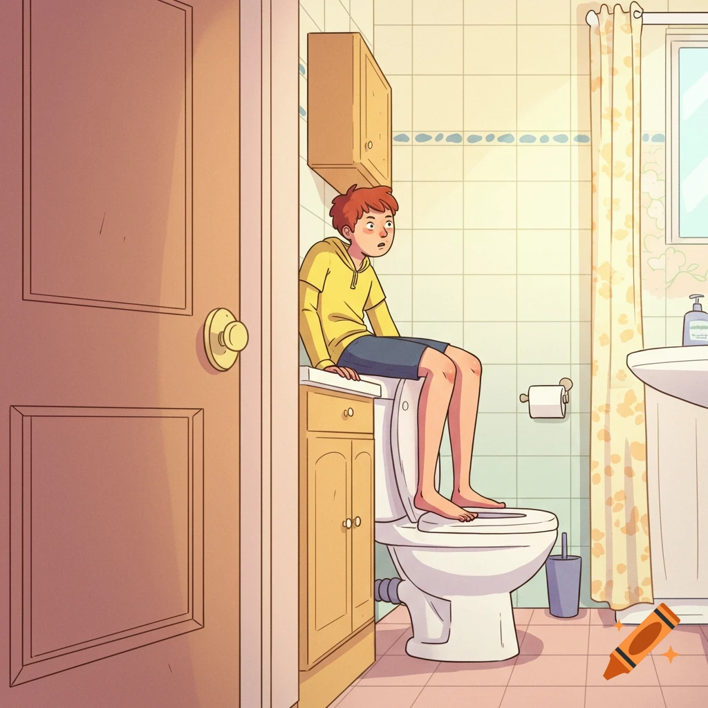 A cartoon boy in a yellow hoodie sits on a bathroom counter, feet on the  toilet, looking startled. on Craiyon, image size:1024x1024