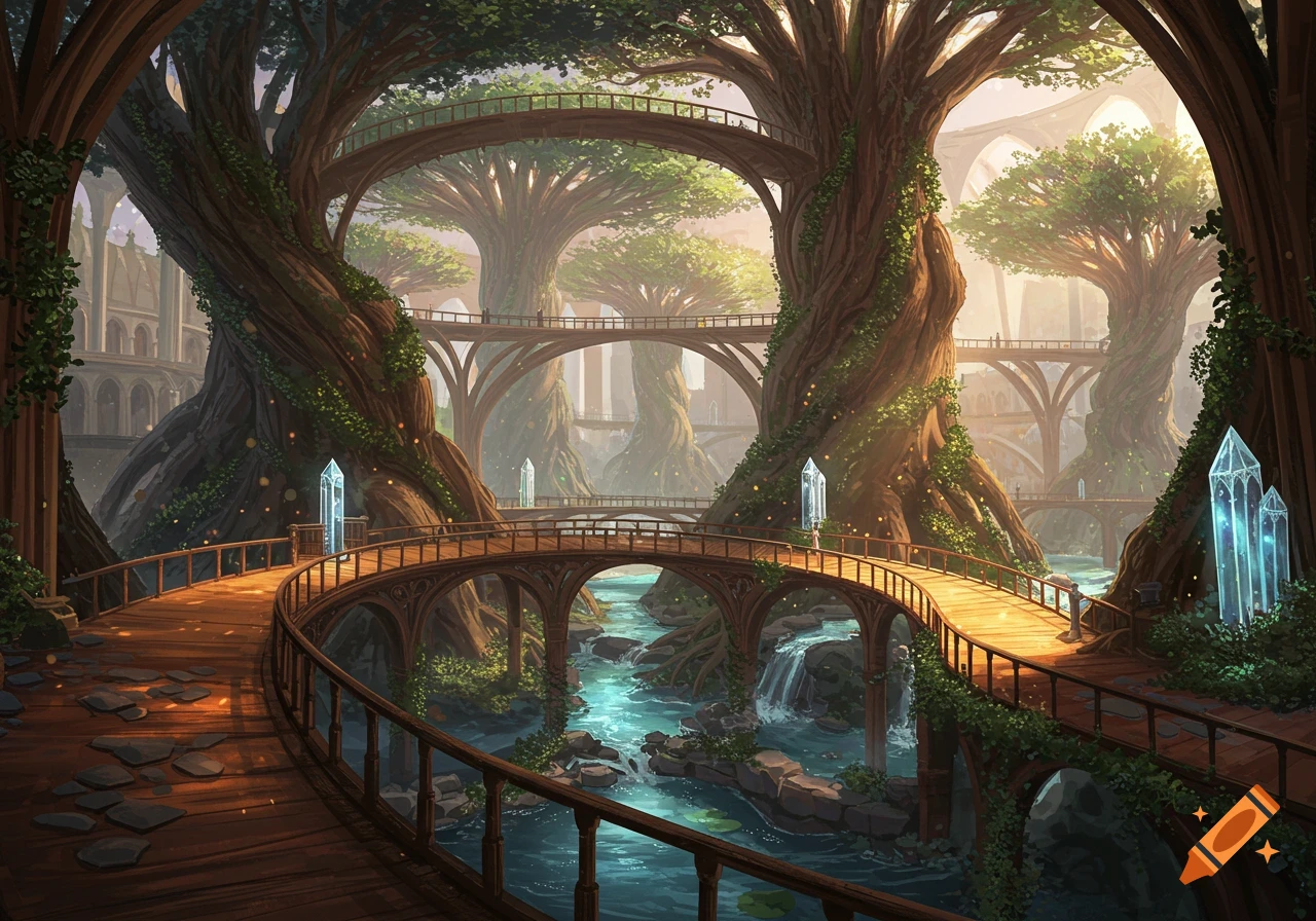 Fantasy landscape with gigantic trees, wooden bridges over a river with waterfalls, and glowing crystals.