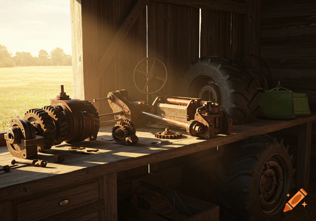 Disassembled, rusty farm tractor parts lay on a wooden workbench inside a sunlit barn, with a green field visible outside.