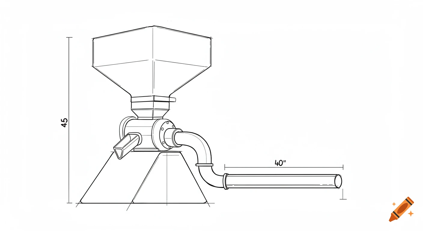 Black and white technical sketch of a machine with a square feeder, a hopper, and a long pipe extending right with dimension labels.
