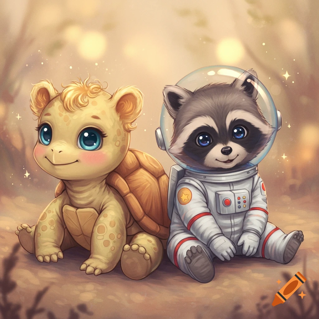 A cute cartoon baby turtle with blond hair sits next to a baby raccoon astronaut in a cozy, magical setting.