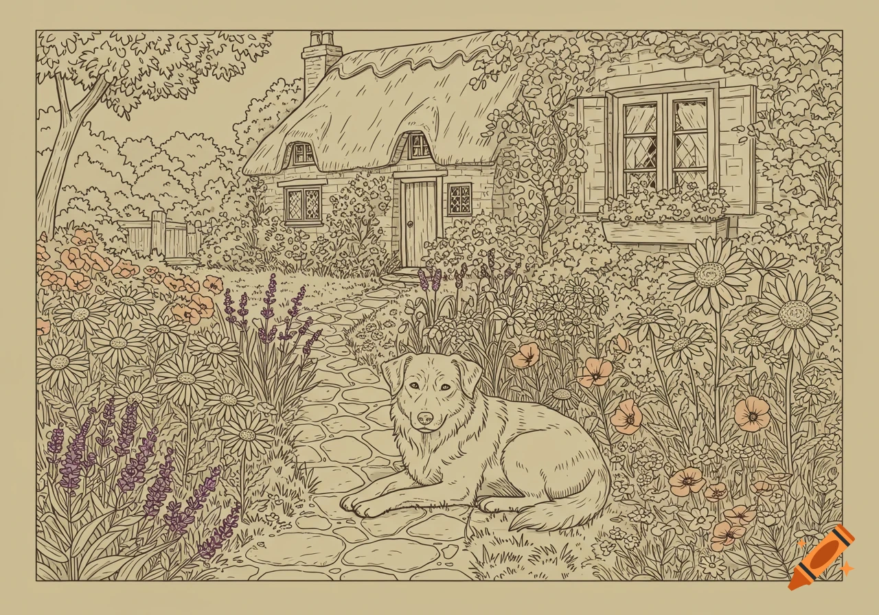 Whimsical line art illustration of a dog lying on a stone path in a lush cottage garden with a thatched-roof house in the background.