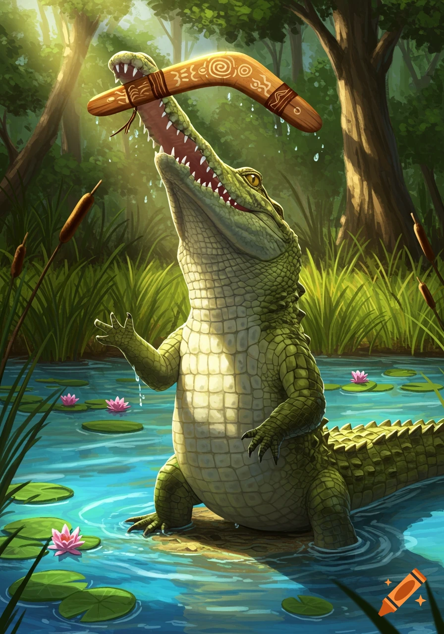 A vibrant digital illustration of a green crocodile standing in a sunny swamp, holding a decorative wooden boomerang in its mouth.