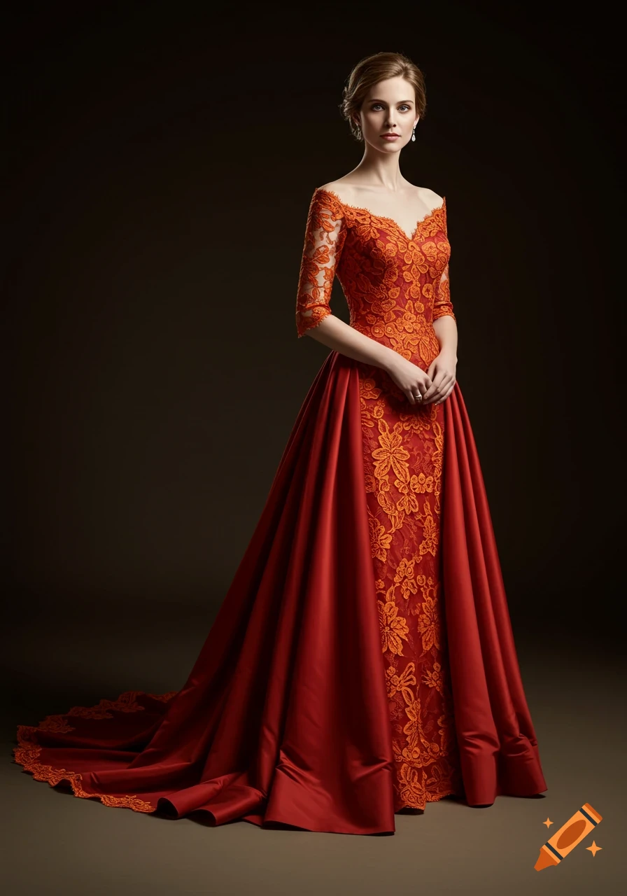 A woman in a photorealistic painting wears an elegant red gown with orange lace accents and half-length sleeves.