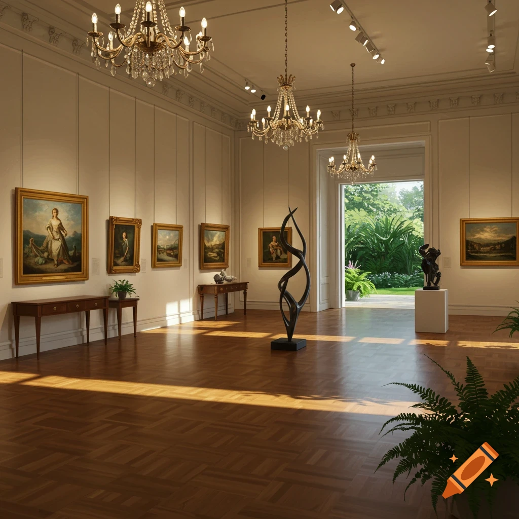 A grand, well-lit art gallery with classic paintings, modern sculptures, and polished wood floors, leading to a lush garden.