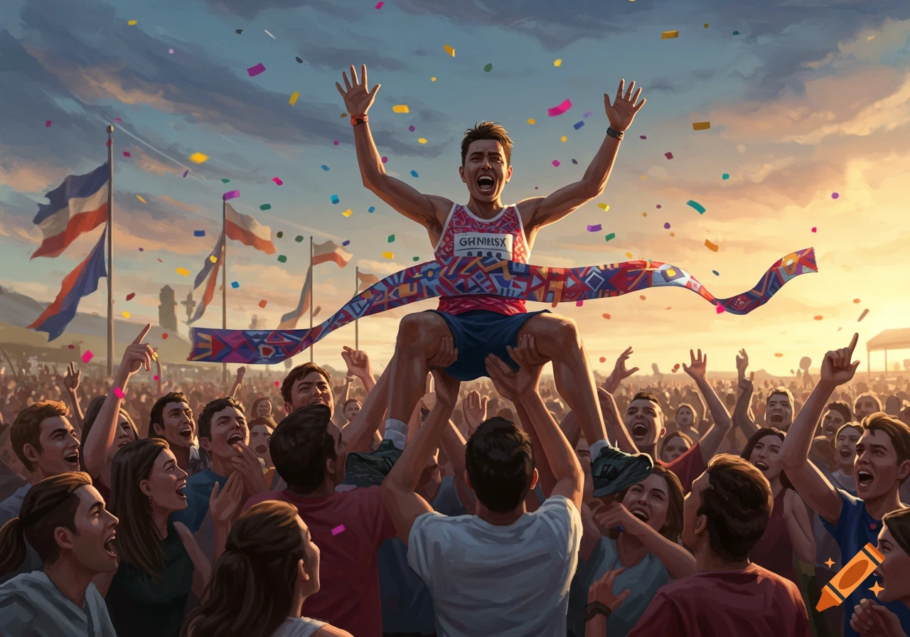 A triumphant male runner, arms raised, is carried by an ecstatic crowd past a finish line with confetti. Digital painting.