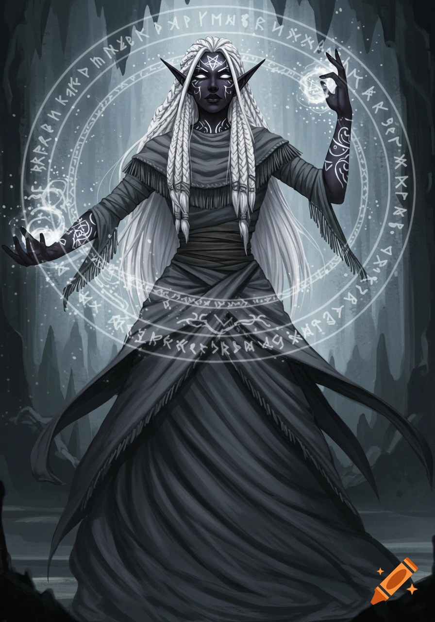 A drow elf priestess with dark skin, white braided hair, and white tattoos on her face and arms, casting a spell with glowing hands amidst a runic magic circle, wearing layered dark robes.
