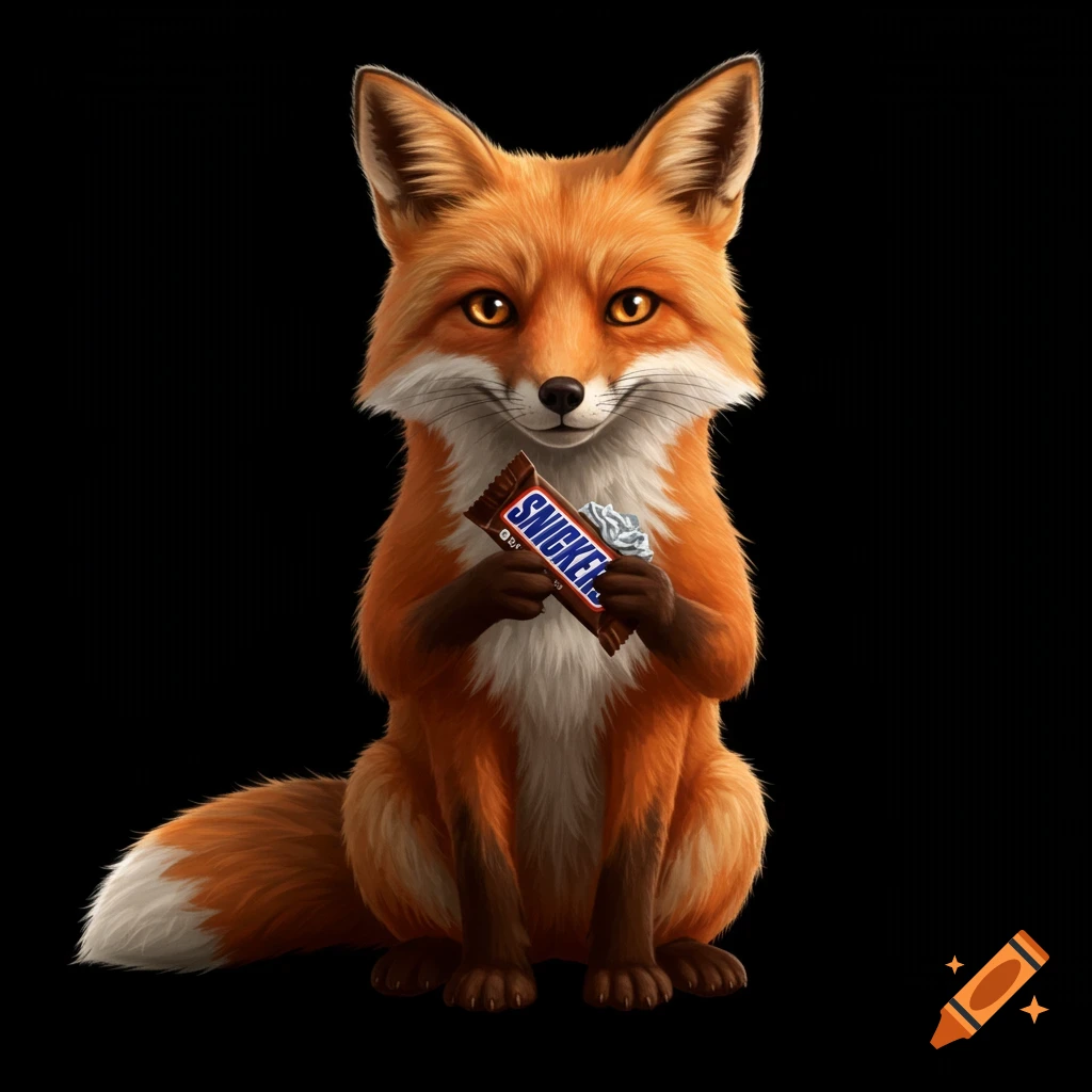 A cute, fluffy orange and white fox sitting on a black background, holding a Snickers bar in its paws.