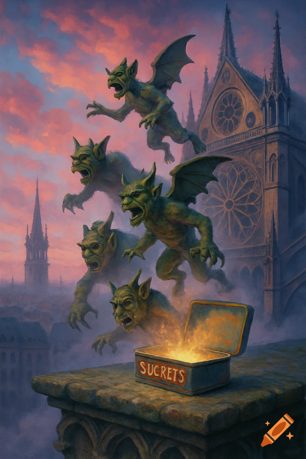 Green gargoyles emerge from a glowing Sucrets box on Notre Dame's ledge against a vivid sunset sky. Painterly style.