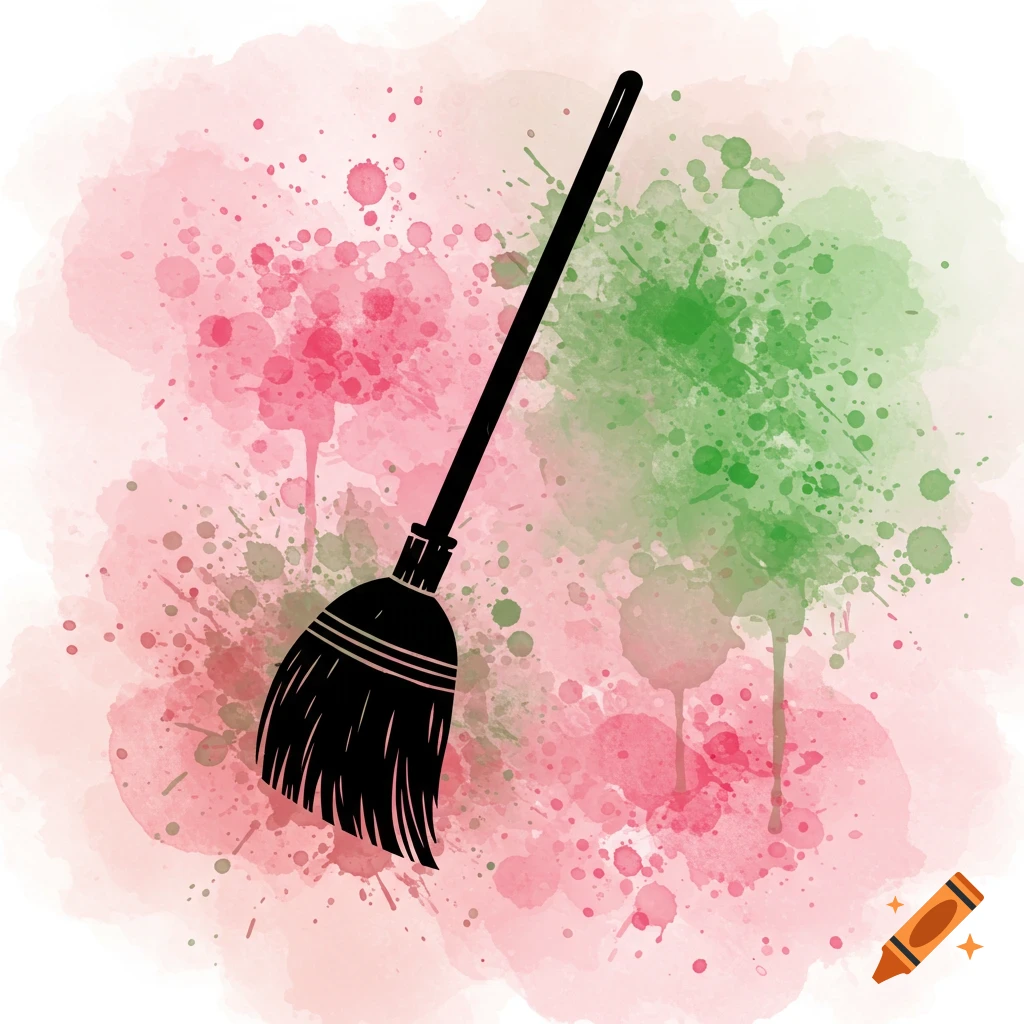 A black broom silhouette stands against a background of pink and green watercolor splashes.