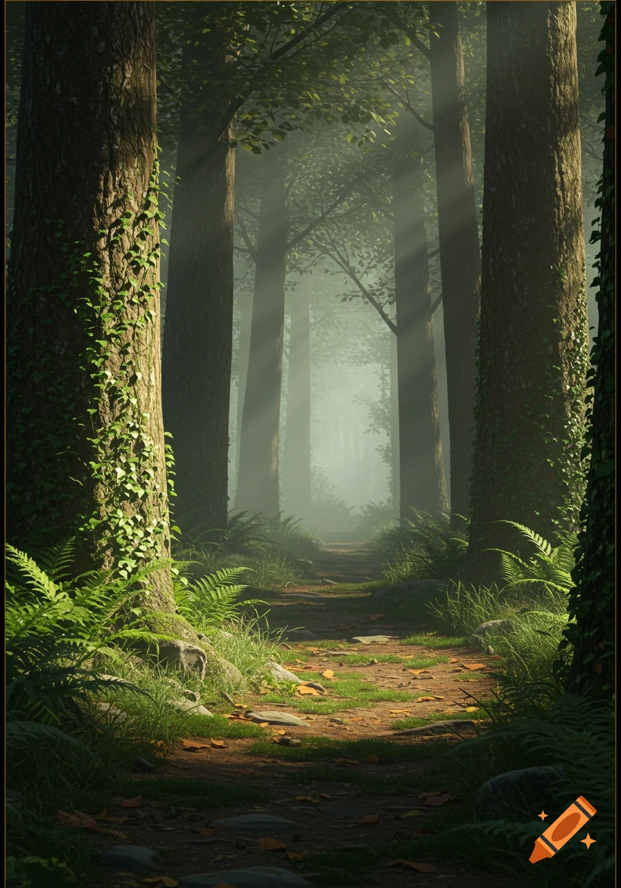 A sunlit forest path winds through tall trees and ferns, with misty light filtering through the canopy.