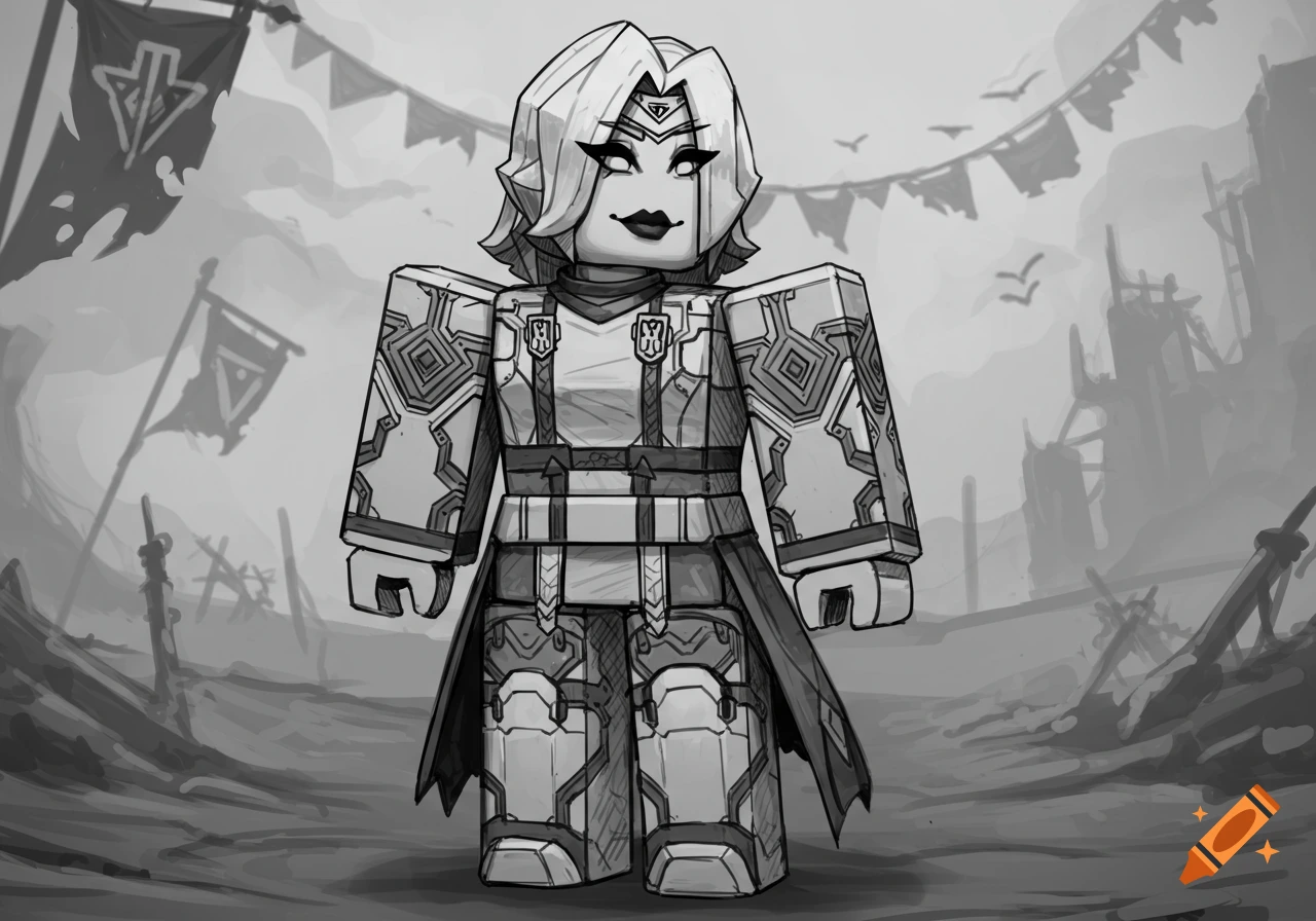 A black and white sketch of a blocky, armored Roblox-style character standing in a desolate, war-torn landscape.