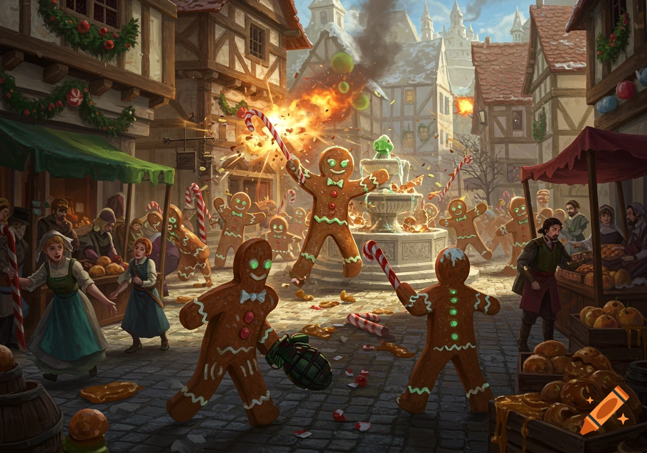 A fantasy digital painting of an army of weaponized gingerbread men attacking a festive medieval town square, causing chaos and explosions.