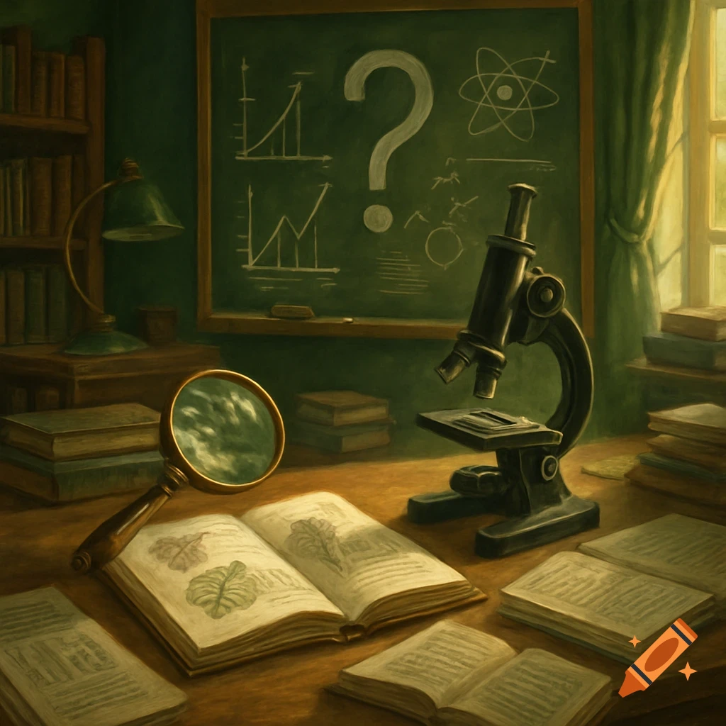 A dimly lit scientist's desk with a magnifying glass, microscope, open books with botanical drawings, and a blackboard with a question mark and graphs.