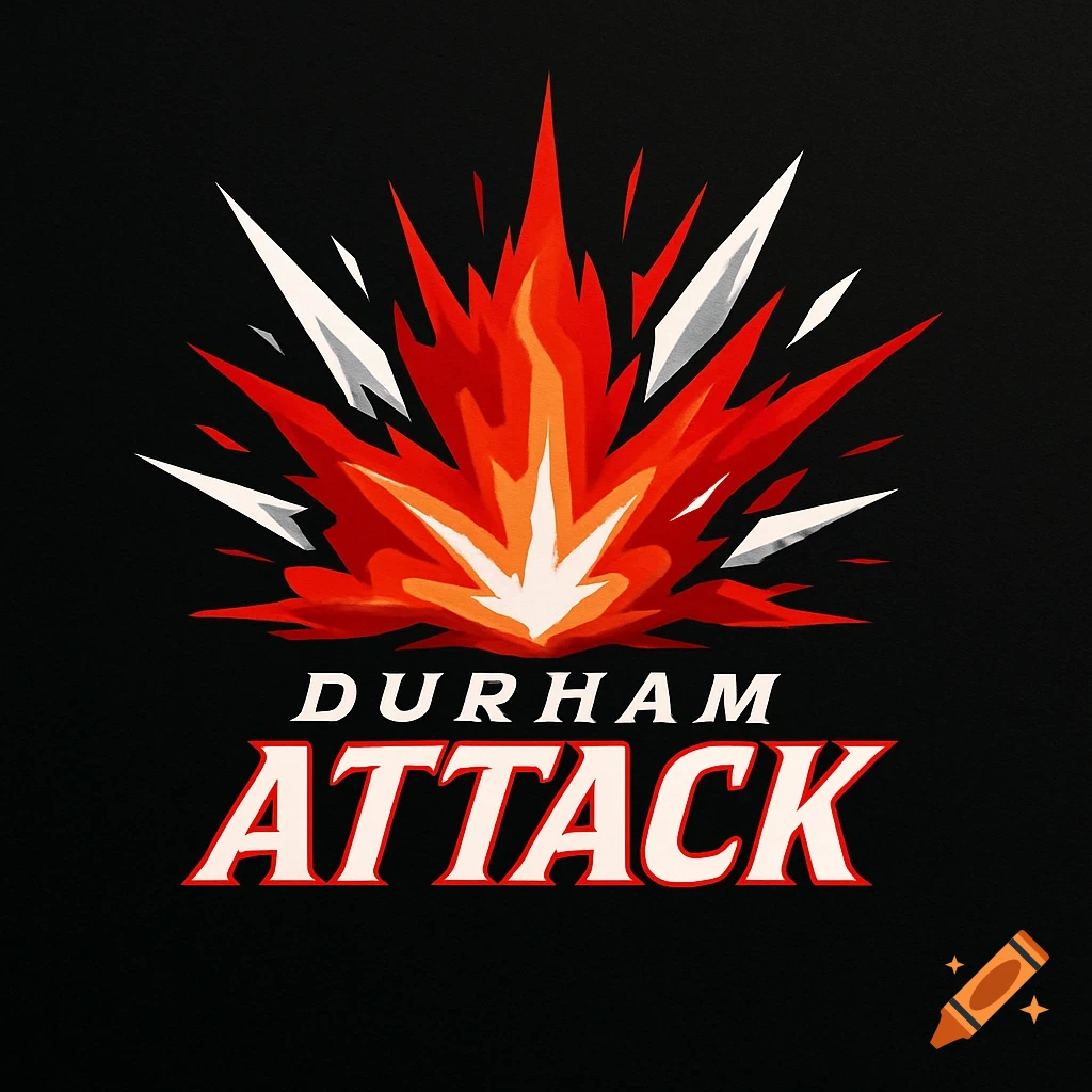 Stylized red and white explosion logo on a black background with 'DURHAM' above 'ATTACK' in white text.