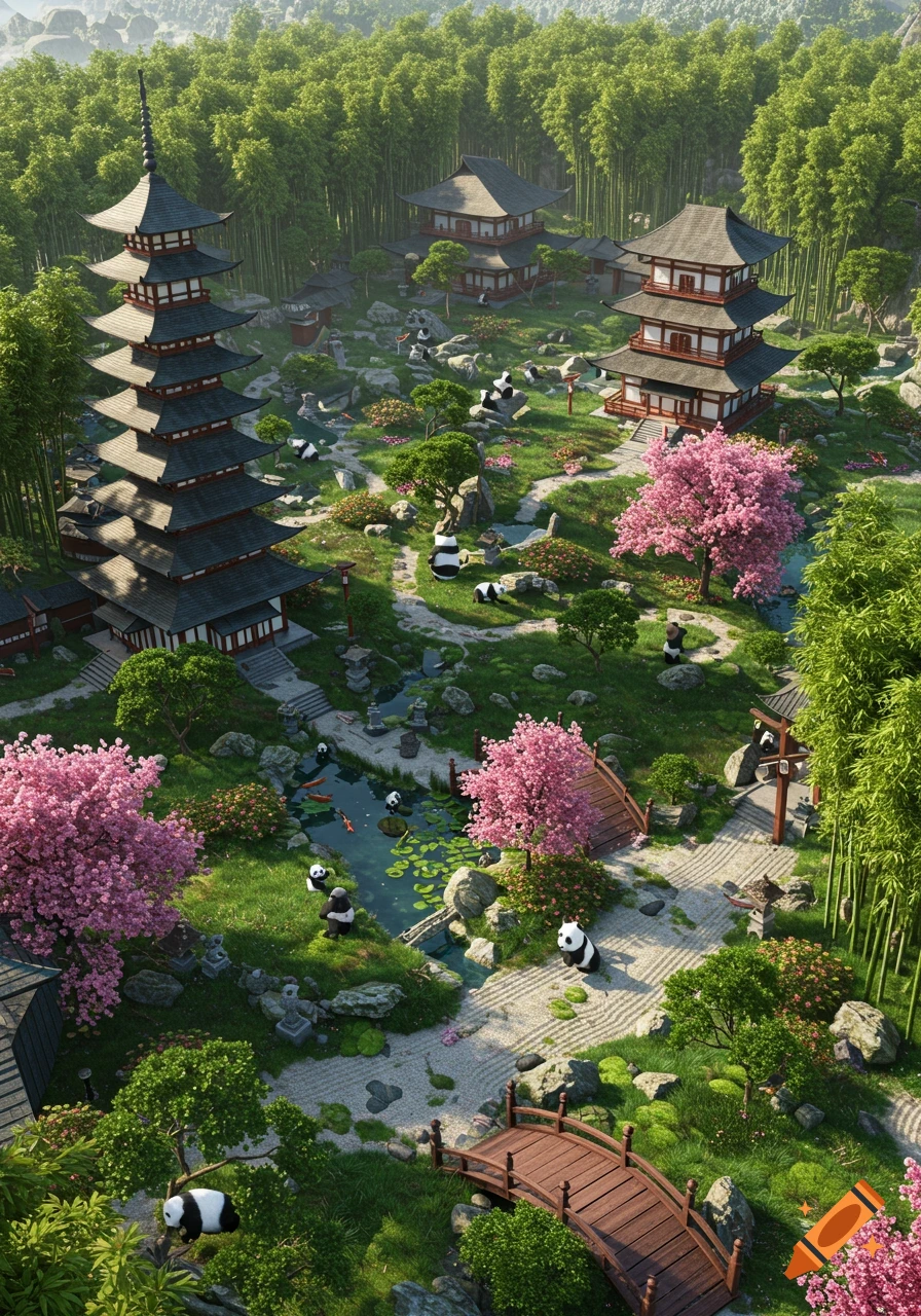 An aerial view of a vibrant Japanese garden with traditional pagodas, lush bamboo, pink cherry blossoms, a koi pond, and many pandas.
