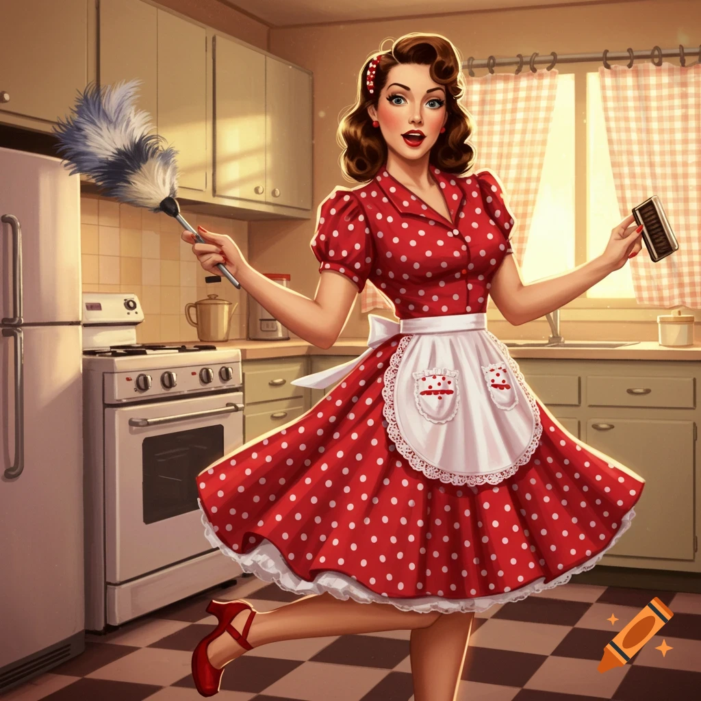 A 1940s pinup-style woman in a red polka-dot dress and apron, holding a duster and scrub brush in a vintage kitchen.