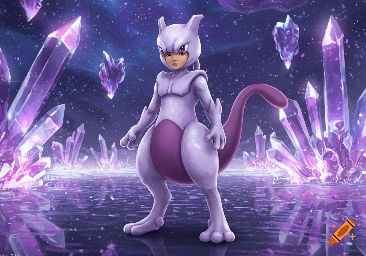 A boy in a purple and white Mewtwo fursuit stands in a glowing crystal cave with purple reflections.