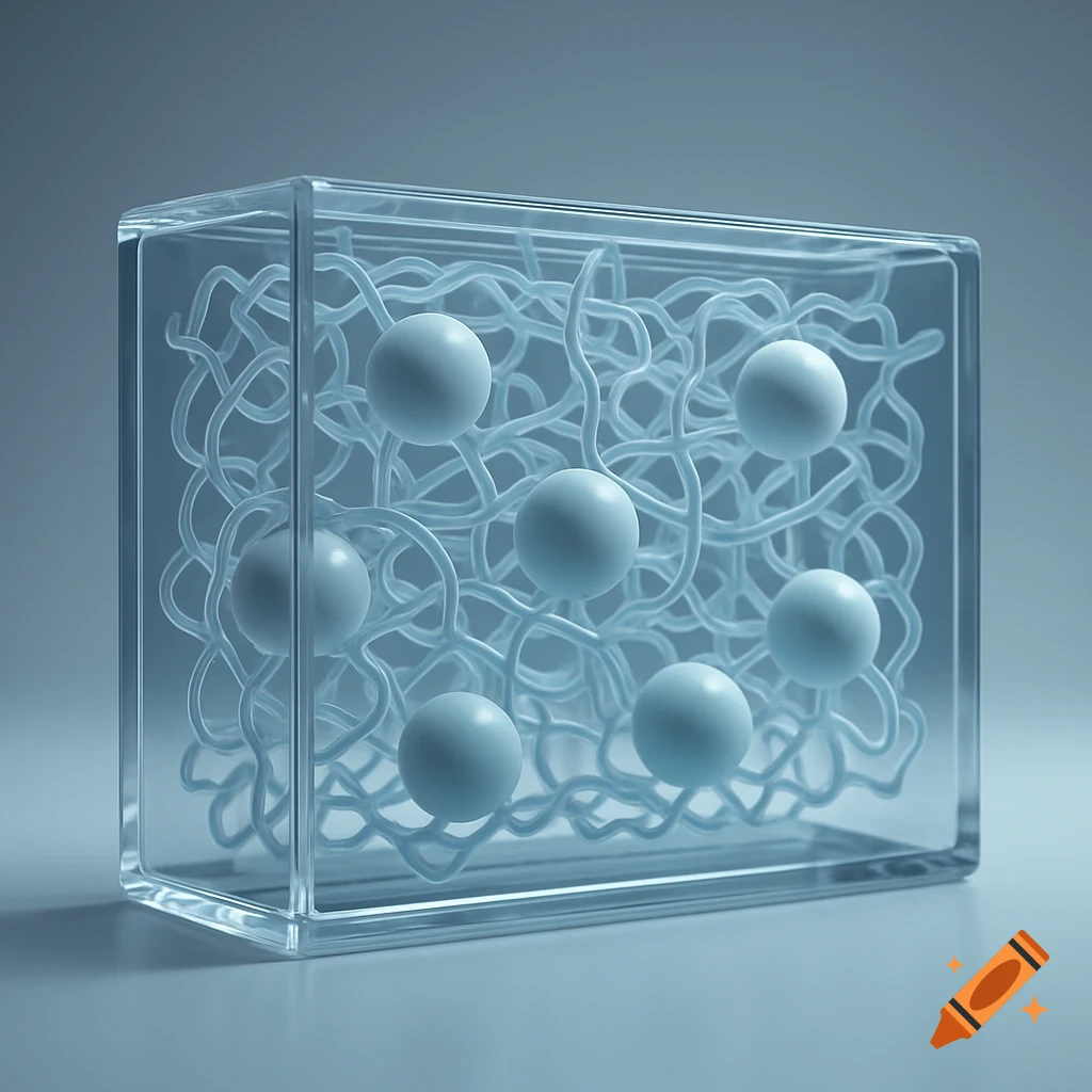 Transparent rectangular box filled with tangled light blue strands and smooth spheres, rendered in a scientific style.