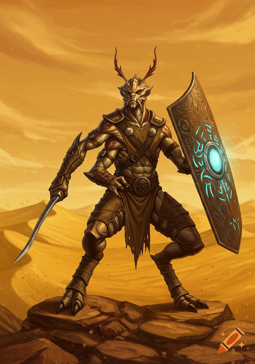 A four-armed insectoid thri-keen ranger in golden armor, wielding a sword and a glowing shield, stands on rocks in a desert.