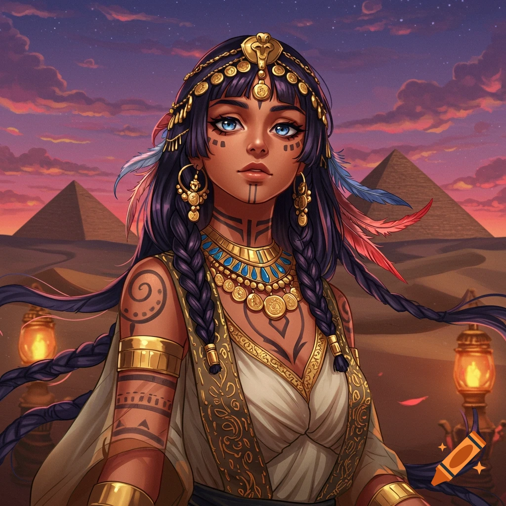 Anime-style Egyptian woman with dark braids, gold jewelry, and tattoos, standing in a desert with pyramids at sunset.