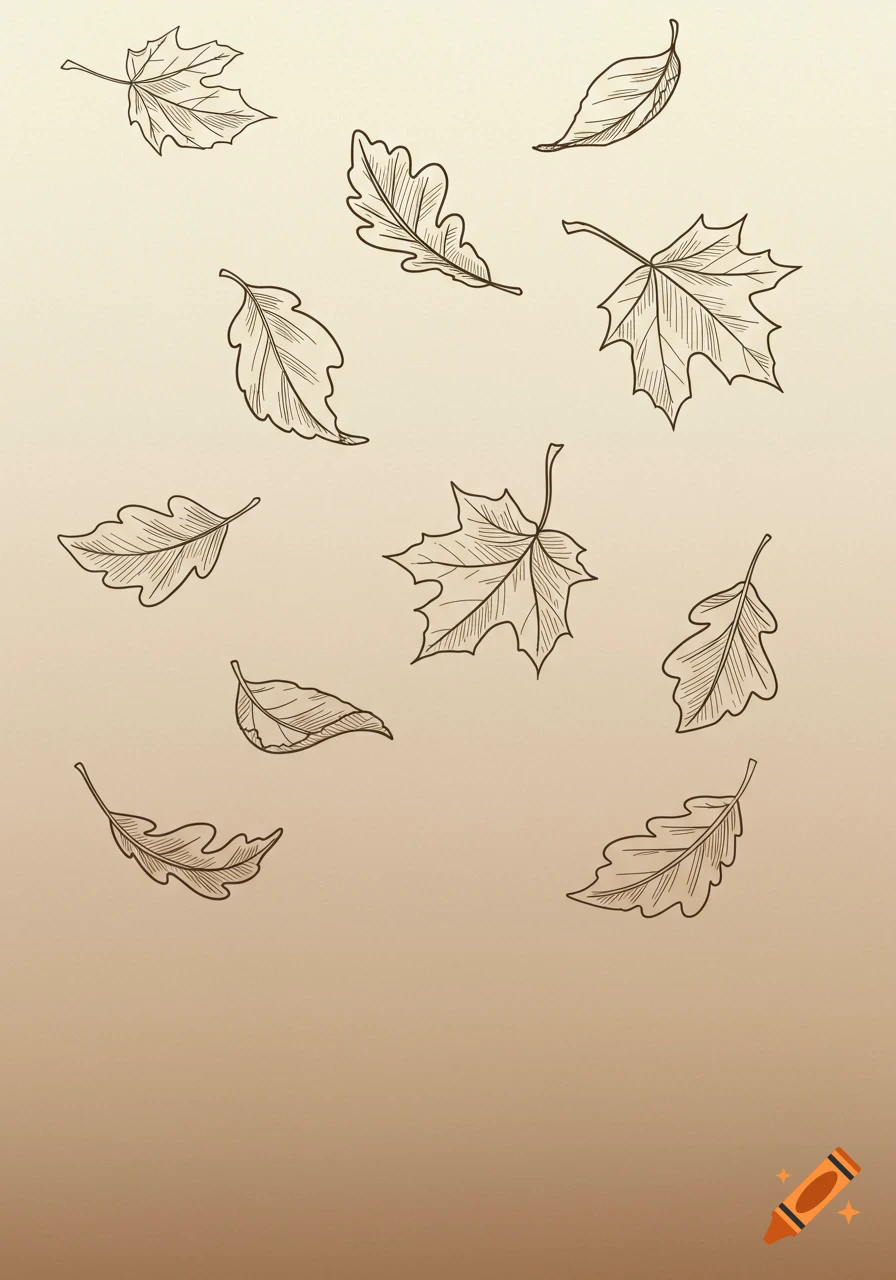 Outline drawings of scattered autumn leaves, including maple and oak, on a light brown gradient background.