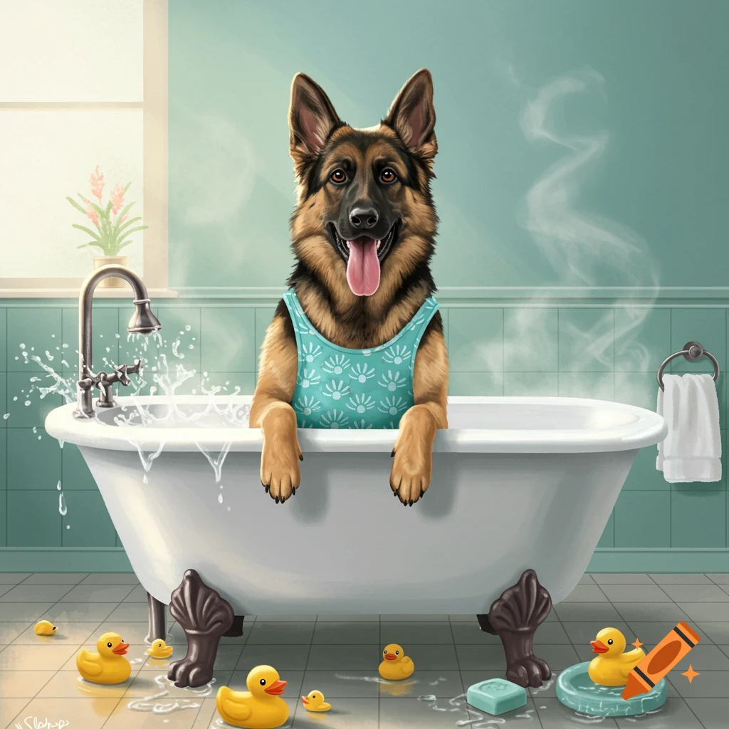 An illustrated German Shepherd wearing a teal top taking a bath in a tub with rubber ducks in a bathroom.