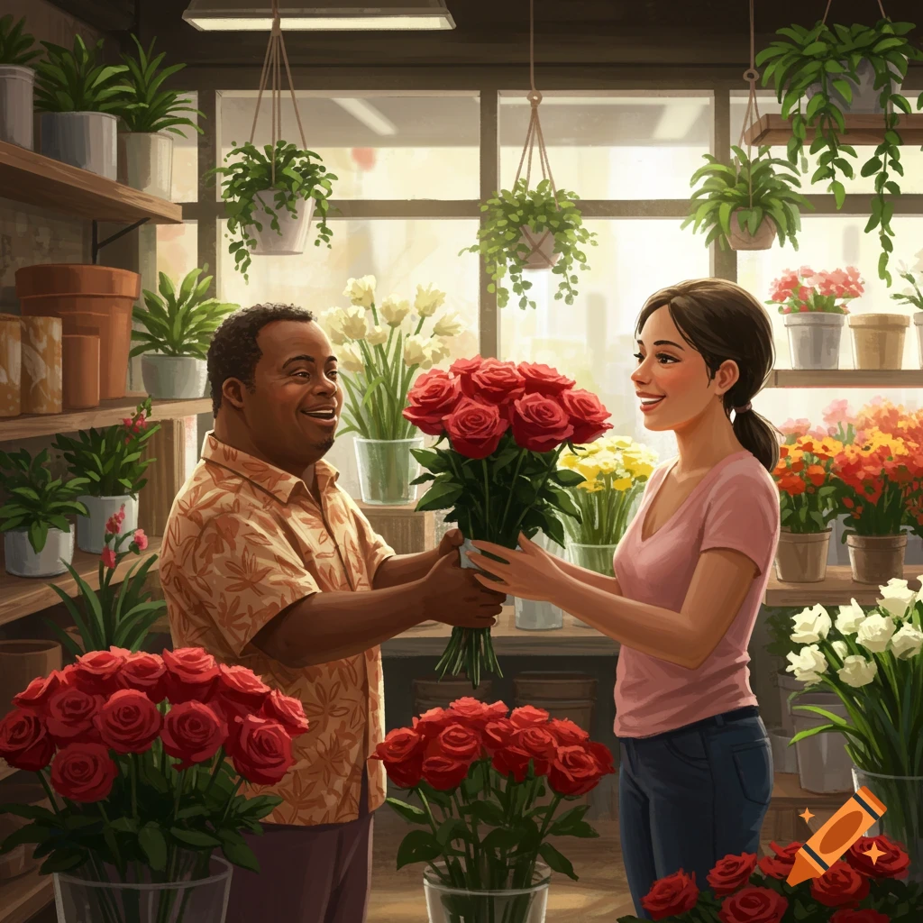 An illustrated image of a man with Down syndrome happily handing a bouquet of red roses to a smiling woman in a bright flower shop.