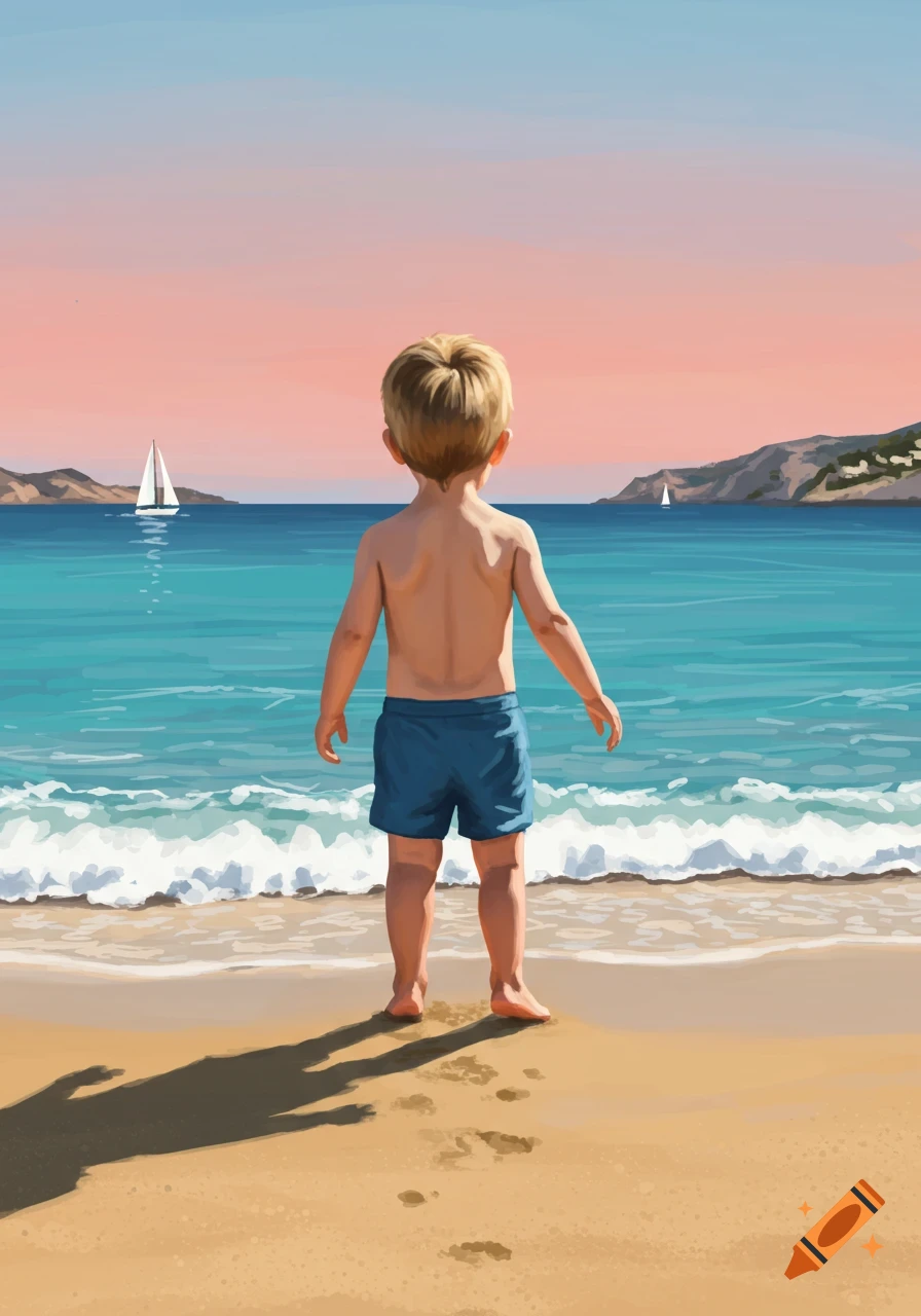 Illustrative painting of a young boy in blue shorts, standing on a sandy beach, looking at the turquoise ocean with sailboats at sunset.